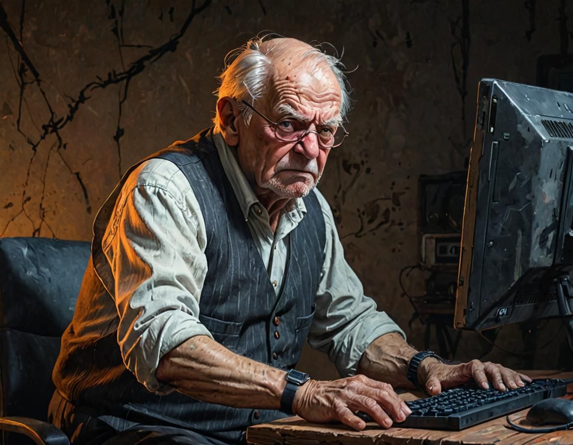 Grumpy Old Man Playing PUBG as Oil Painting