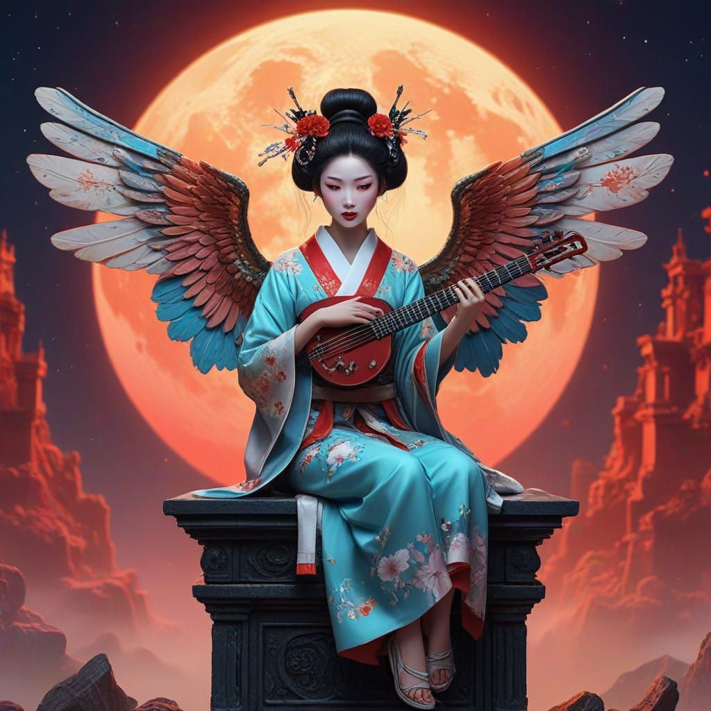 Majestic Geisha Angel Plays Shamisen in Cosmic Fantasy Scene