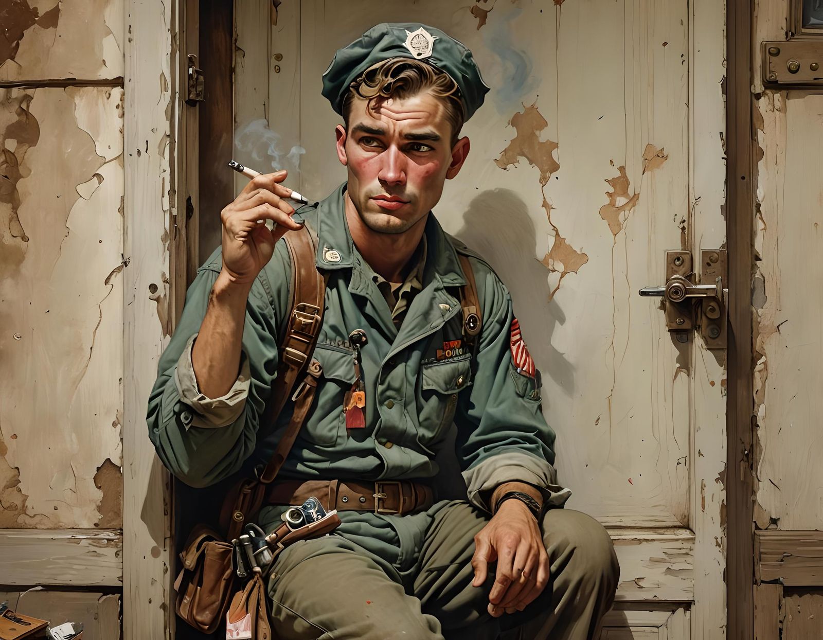 Vintage American GI Smoking, Pin-Up Art Style