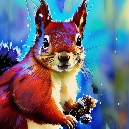 Watercolor Portrait of a Red Squirrel in Winter