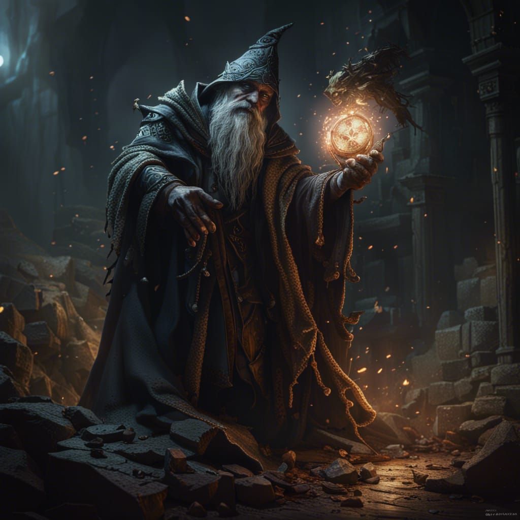 Wizard Turning to Stone: Dark Fantasy Art