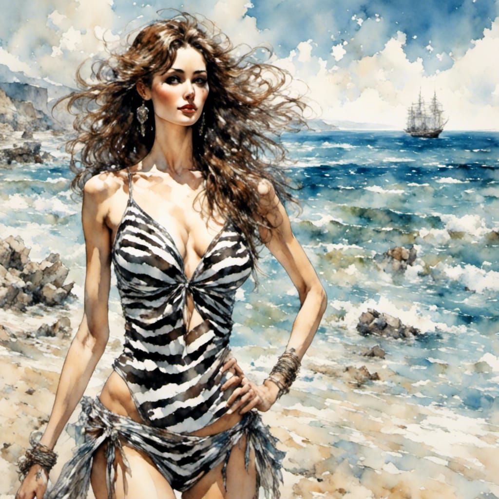 Stunning Woman in Zebra Swimsuit on Tropical Beach