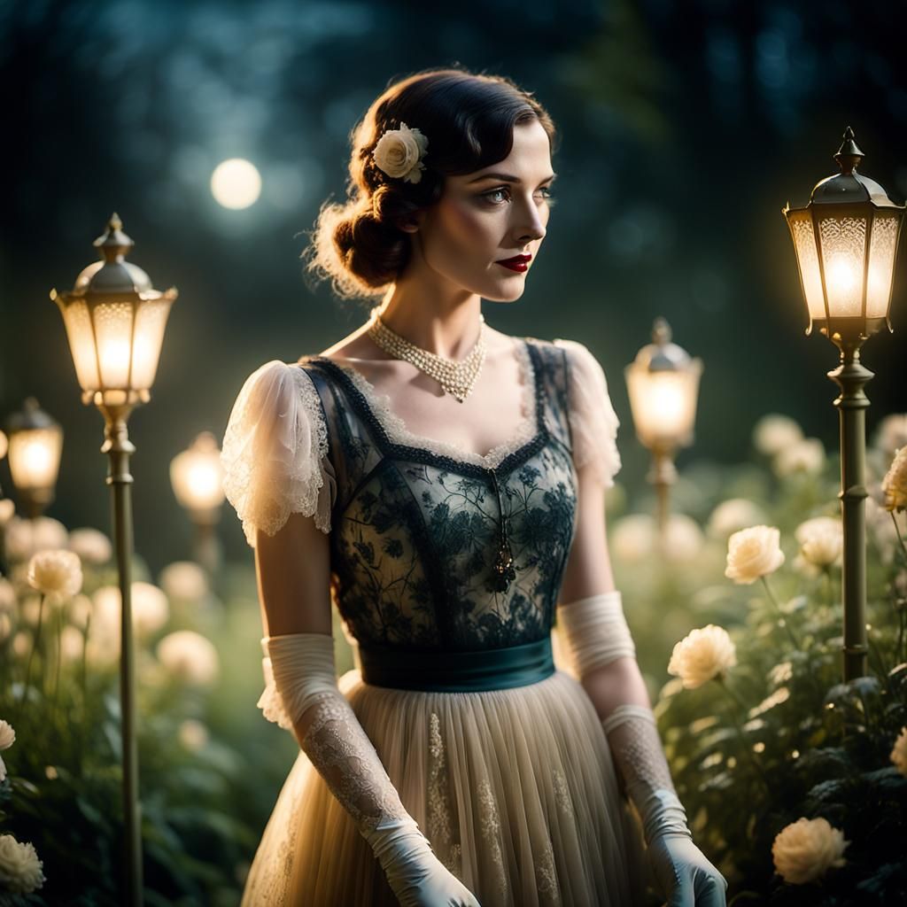 Woman in 1920s Garden, Watercolor Effect