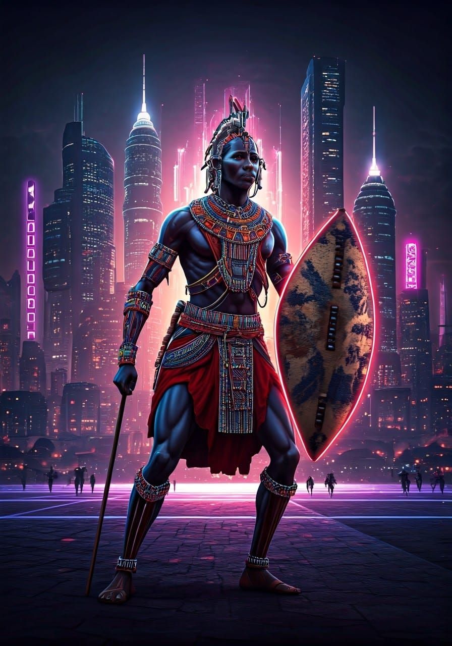 Maasai Warrior in Futuristic Nairobi Skyline, Neon-Lit Conce...