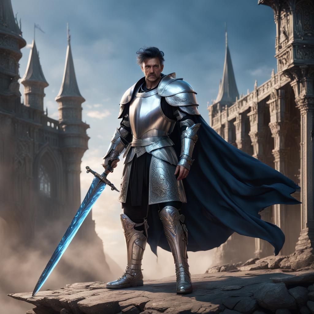 Ornate Silver Armored Warrior with Curved Sword