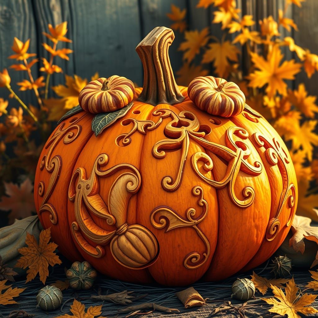 Intricately Carved Pumpkin in Autumnal Setting