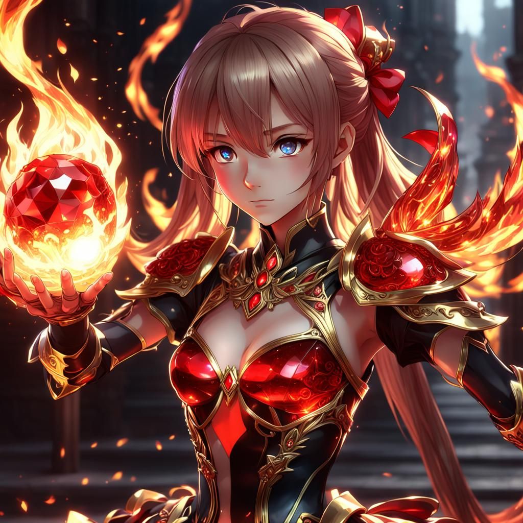 Red Jewel Engulfed in Flames: 3D Anime Art