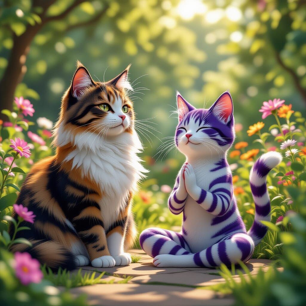 Cats in Garden in 3D Anime Art Style