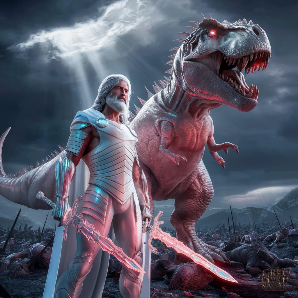Jesus Christ as Warrior with T-Rex in Dark Fantasy Style