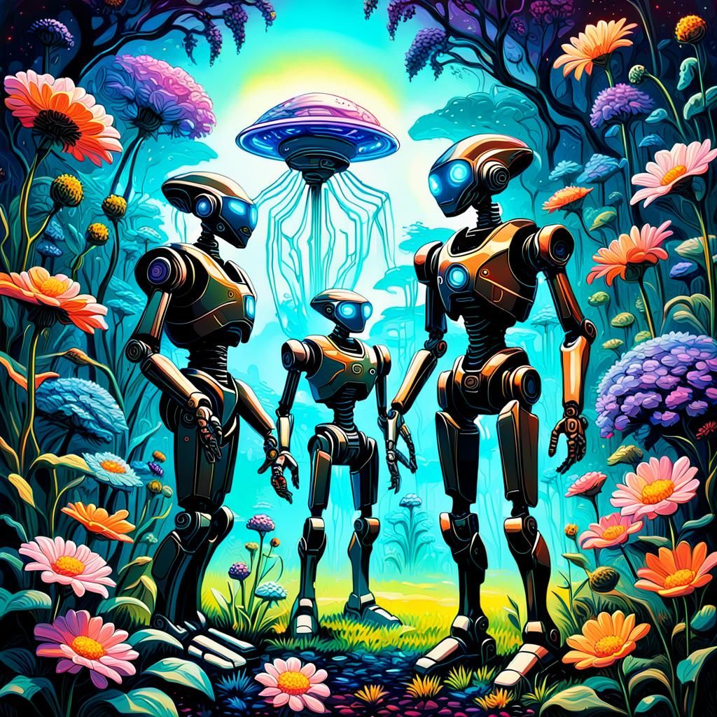 Colorful robots examining delicate flowers in a surreal digi...
