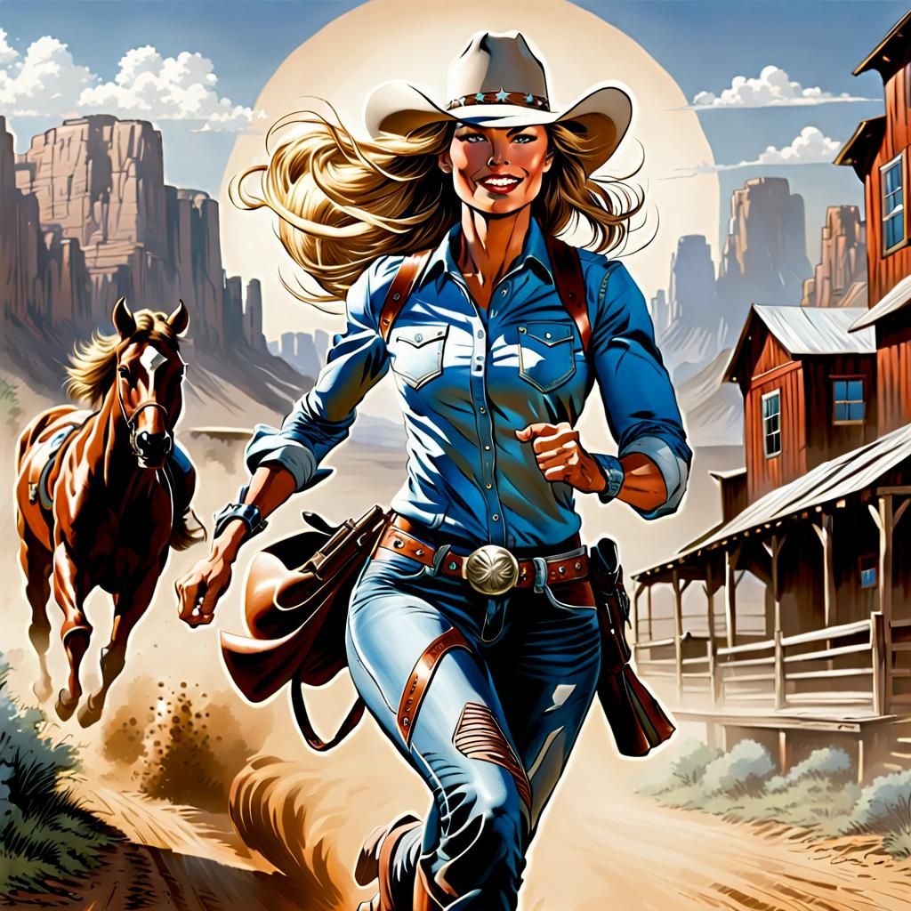 Cowgirl Running in Comic Book Style