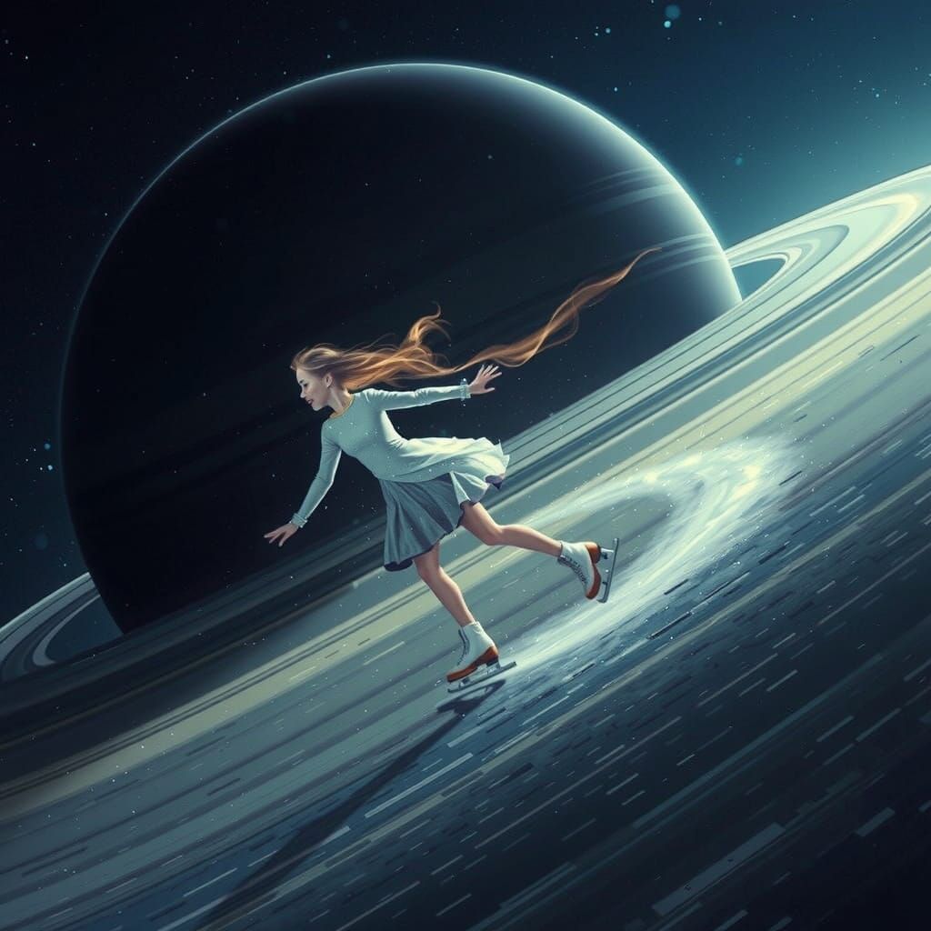 Girl Skates on Icy Saturnian Rings in Dreamlike Futuristic S...