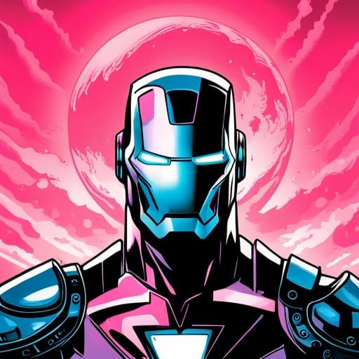 Inkblot Iron Man Against Pink Sky, Comic Book Art
