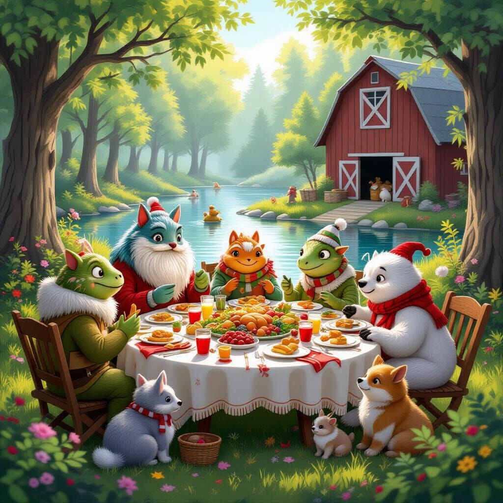 Whimsical Woodland Creatures Enjoy a Festive Feast