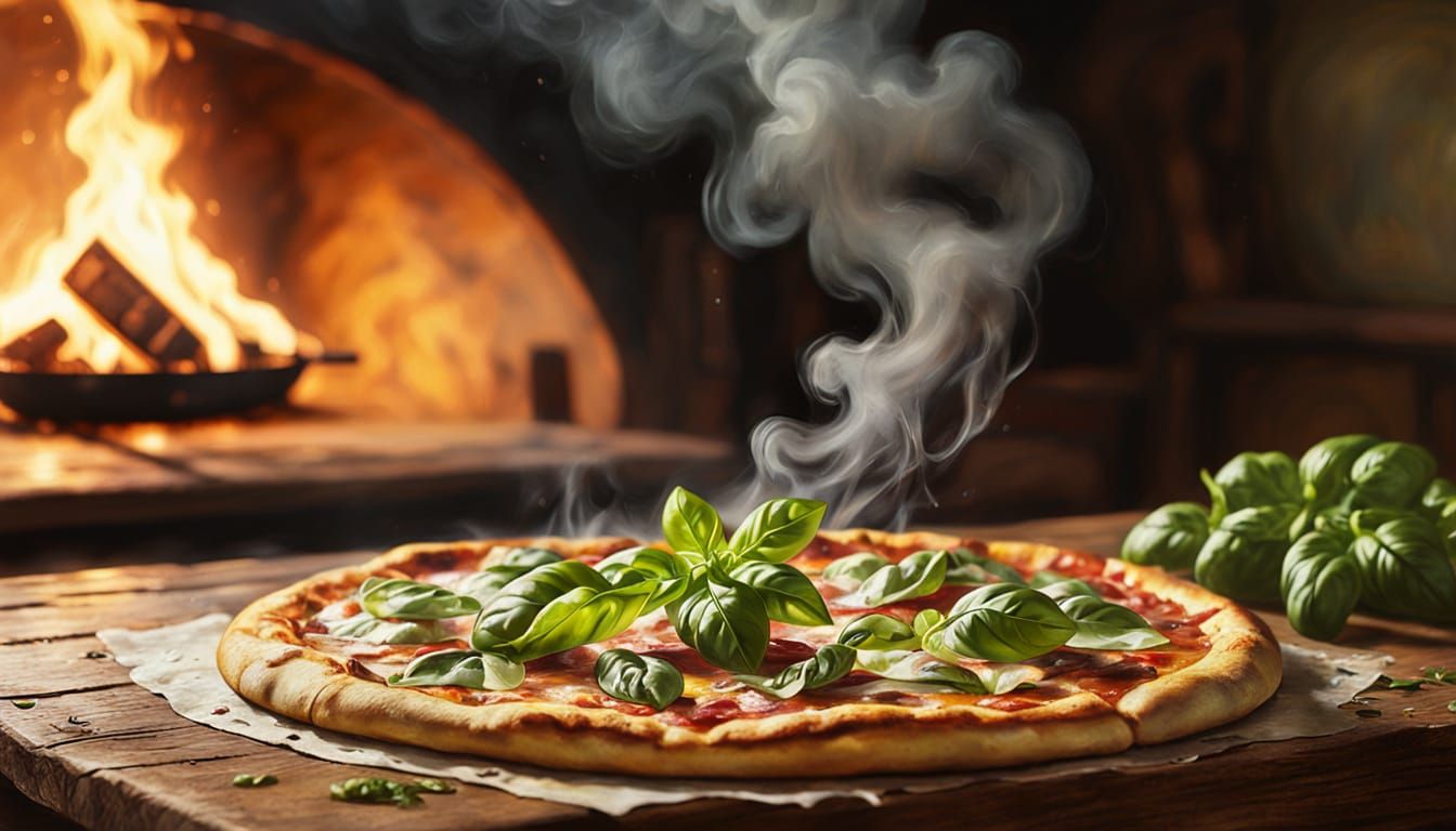 Steaming Pizza in Old Master Oil Painting Style