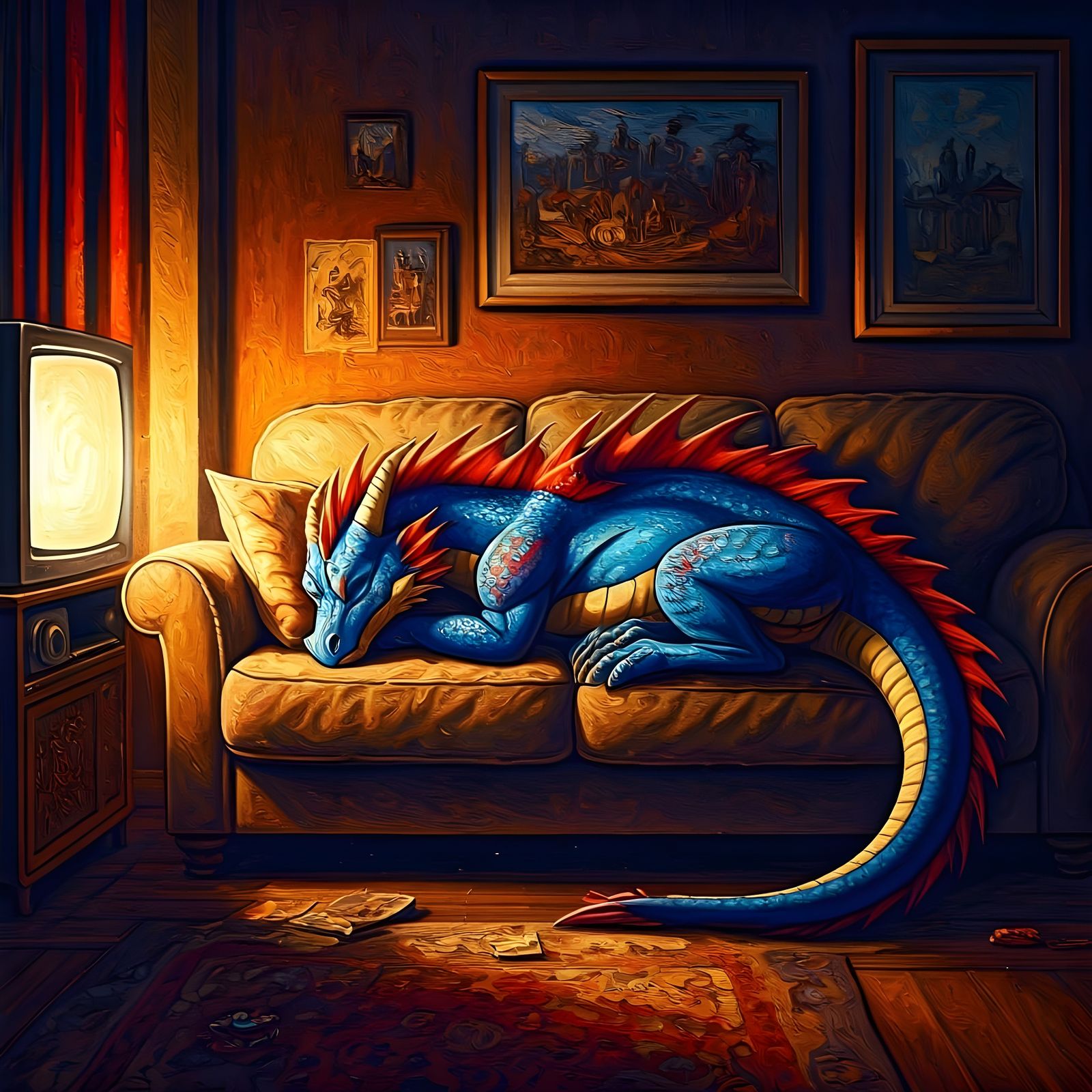 Vibrant Expressionist Dragon Scene in a Living Room
