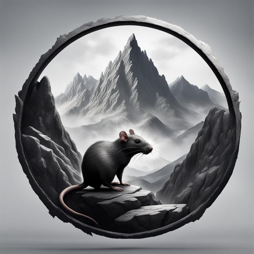 Monochrome Rat Logo Between Mountain Peaks