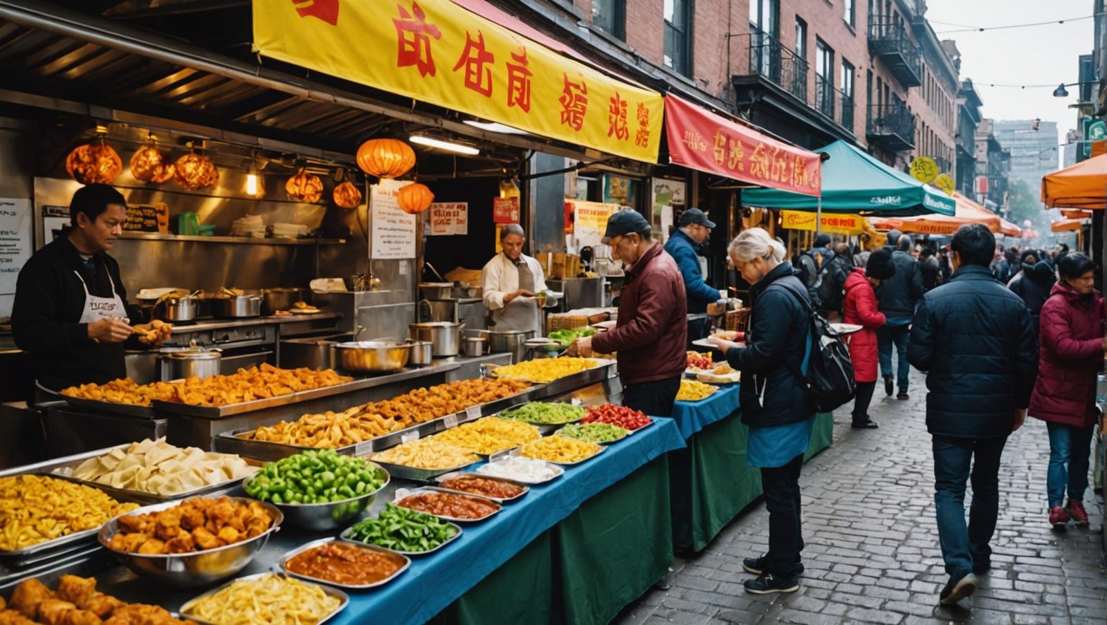 Vibrant Street Market Scene with Global Food