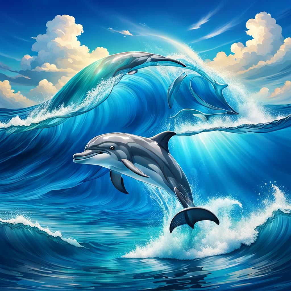 Dolphin Leaping in Ocean Waves Under Sky
