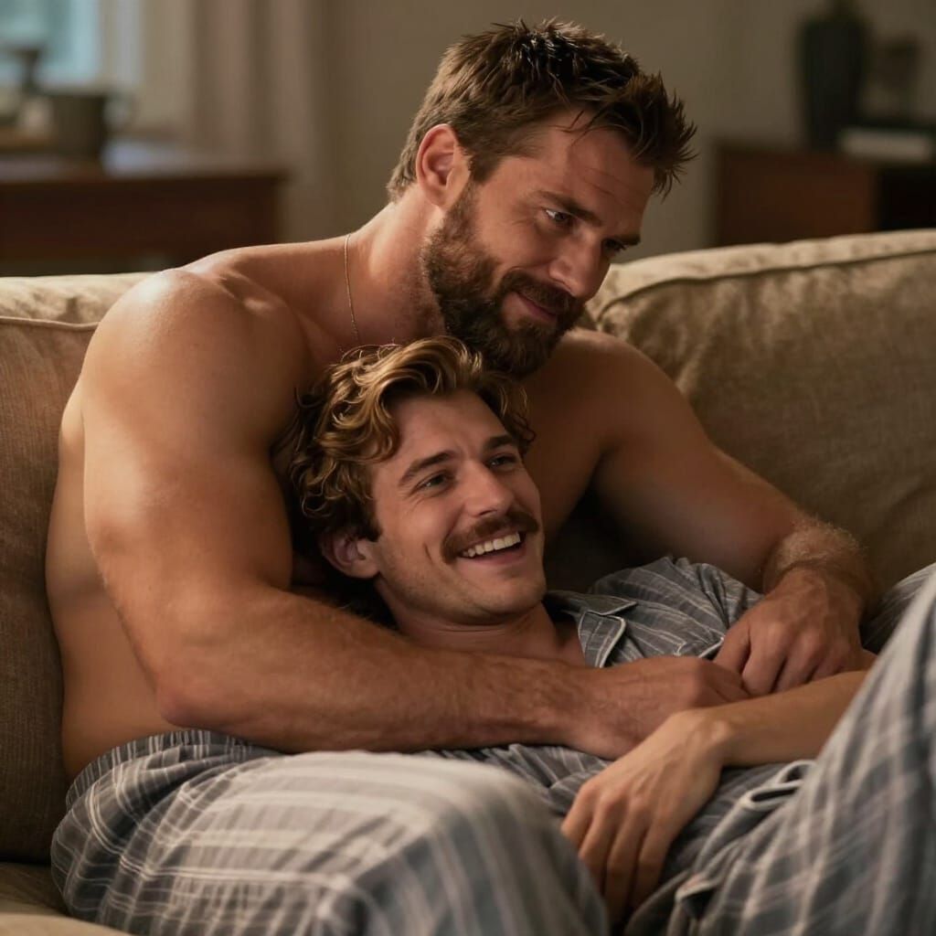 Two Men Snuggling on Couch in Pajamas