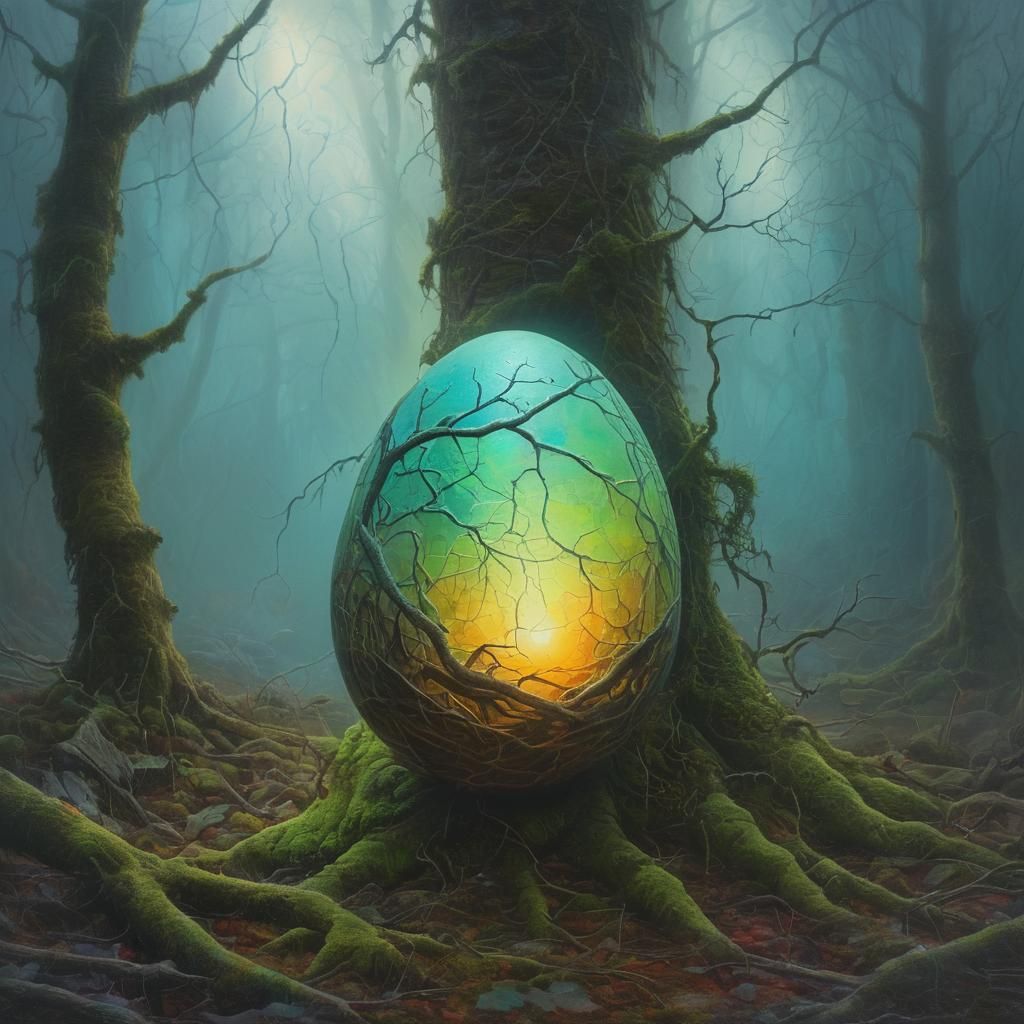 Glowing Egg Cracks in Misty Surrealist Forest