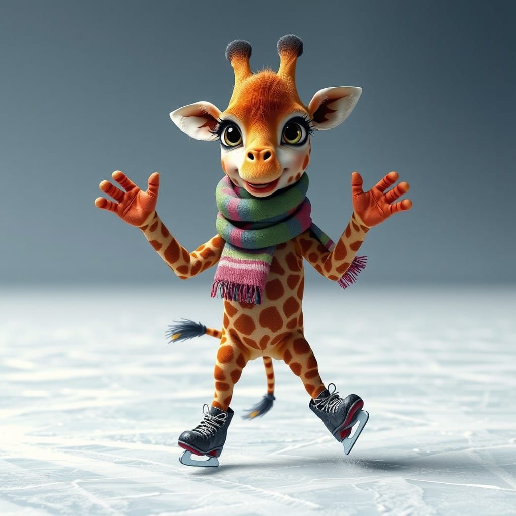 Adorable Hyperrealistic Toddler Giraffe Skates on Ice