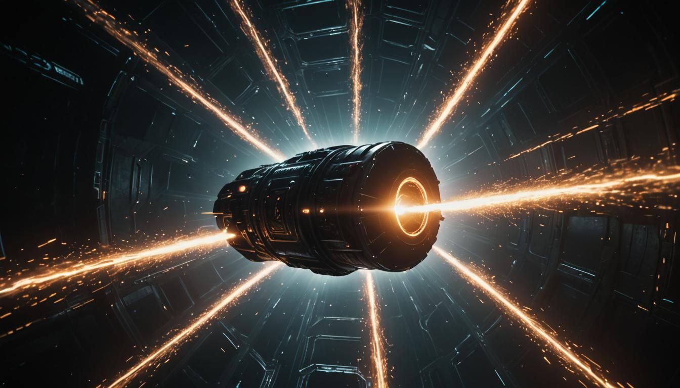 Spaceship Sparkles Entering Black Portal: Cinematic Still