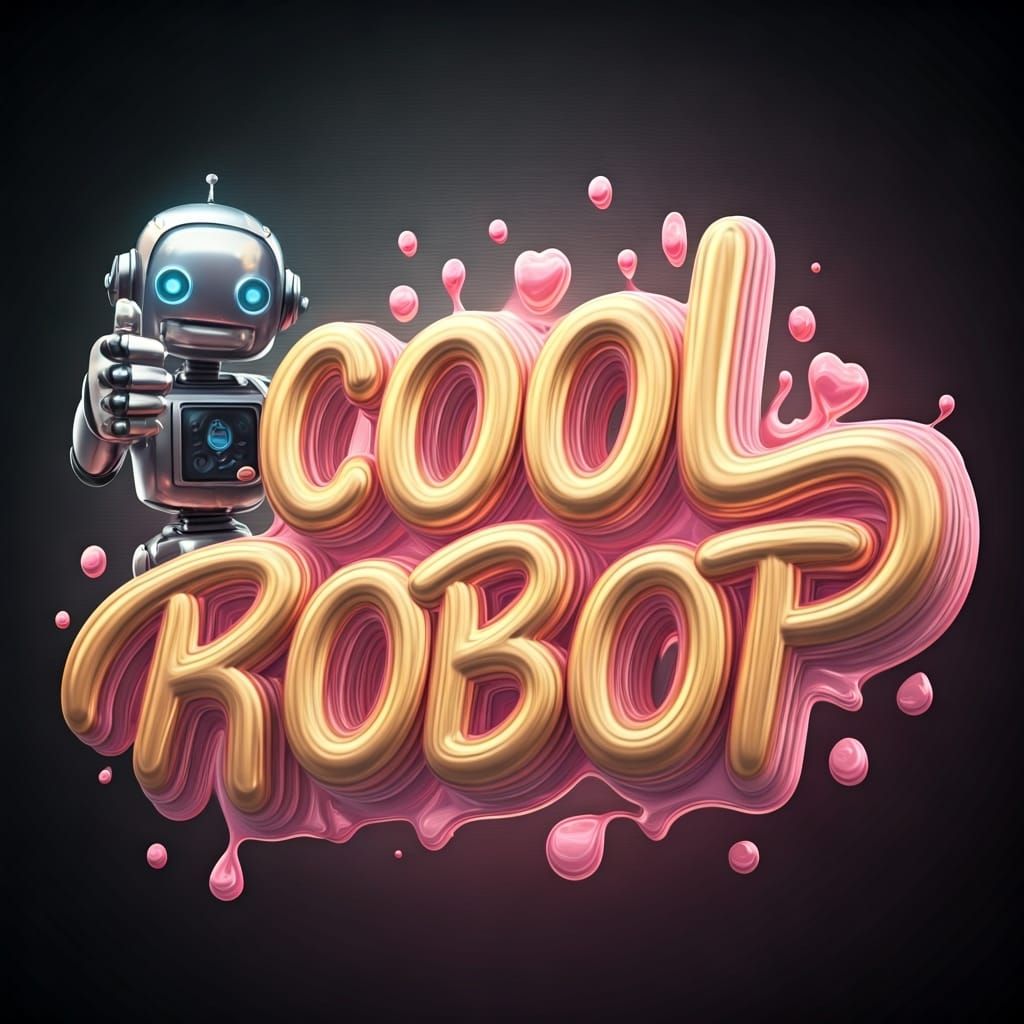 A futuristic design with the text "COOL ROBOT" in a curly BOLD script font, made of bright shining gold liquid metal wit...