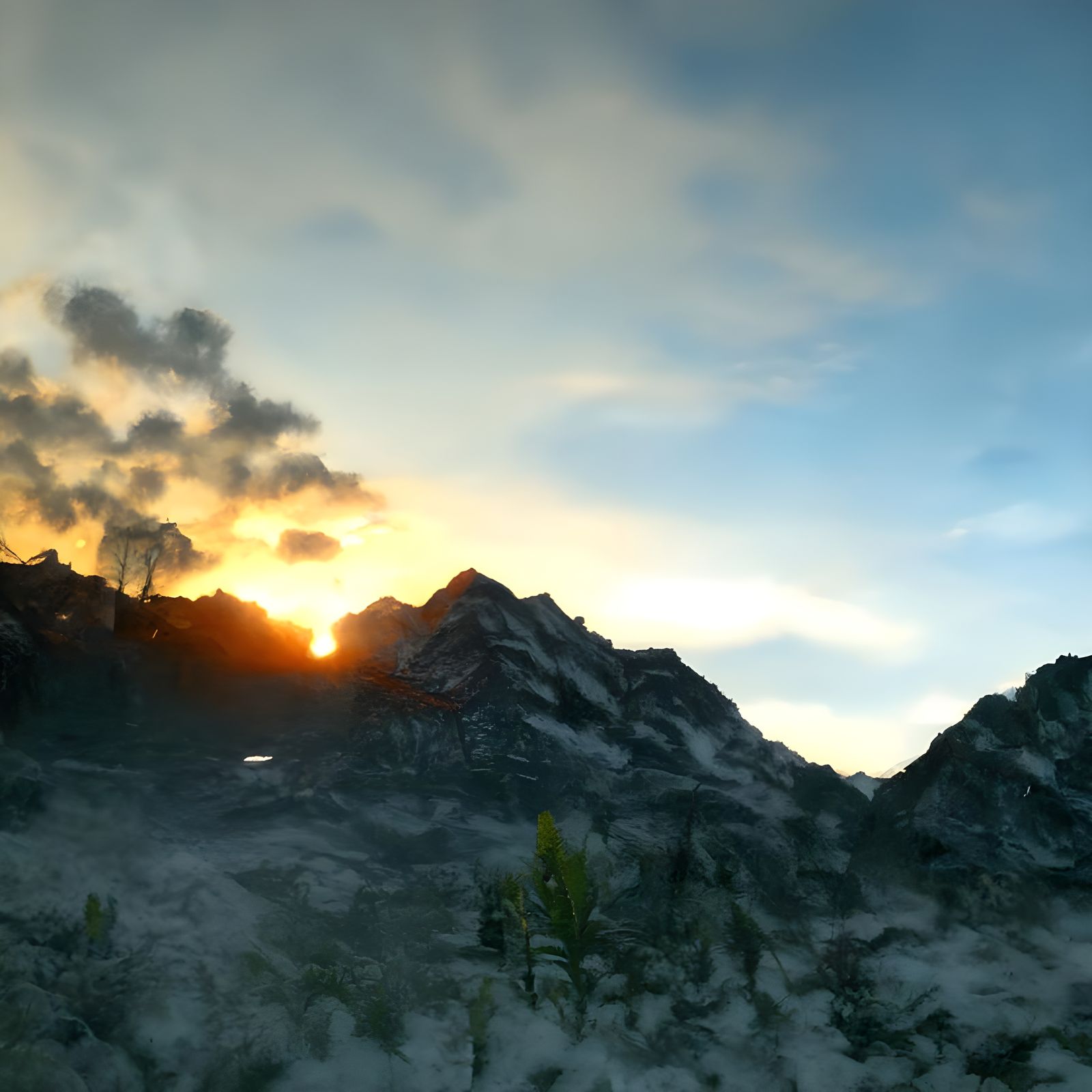 Realistic Sunrise Over Mountains of Divine Punishment