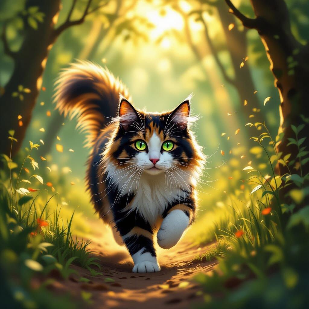 Calico Cat Running Through Mystical Forest