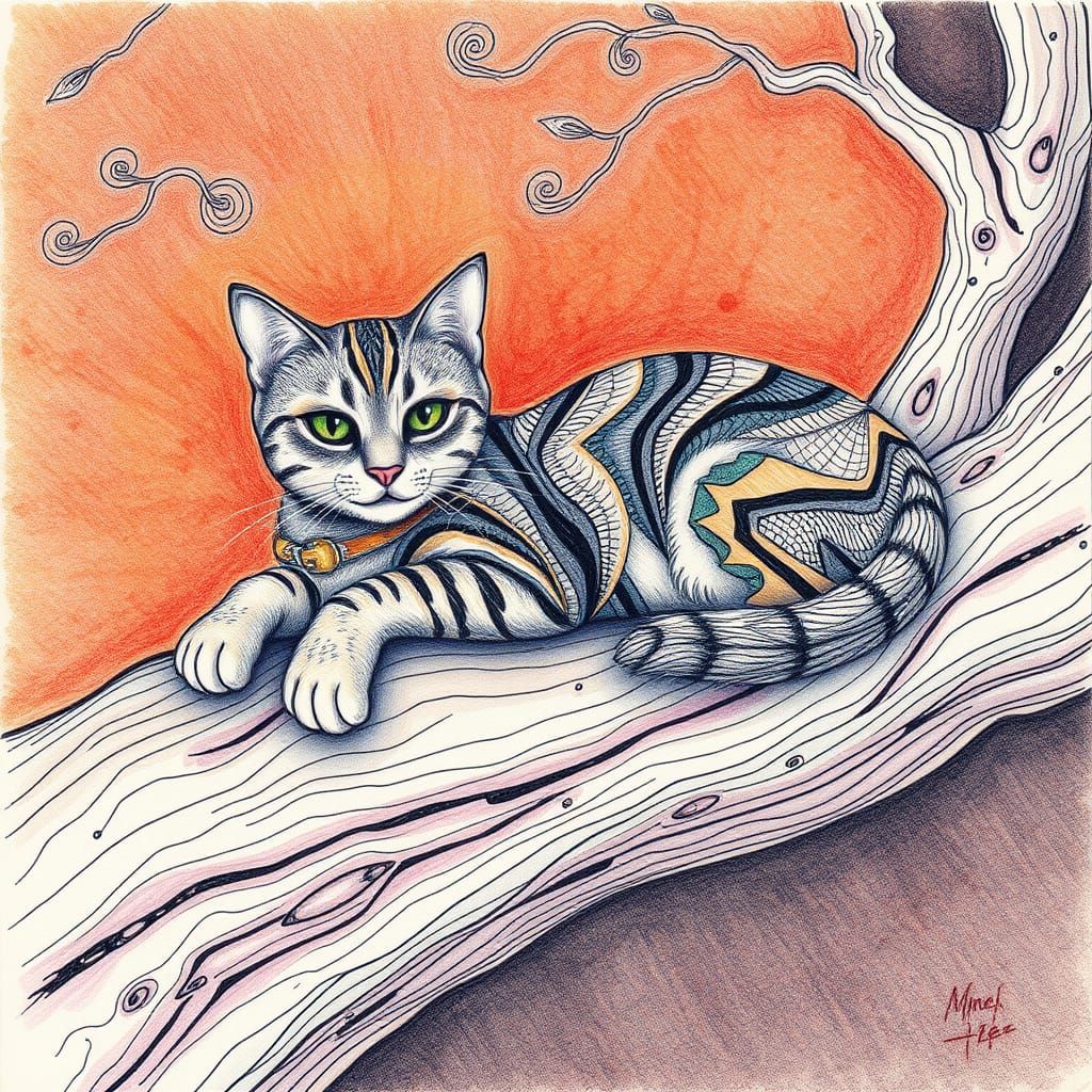 Whimsical Cat in Tree Line Art