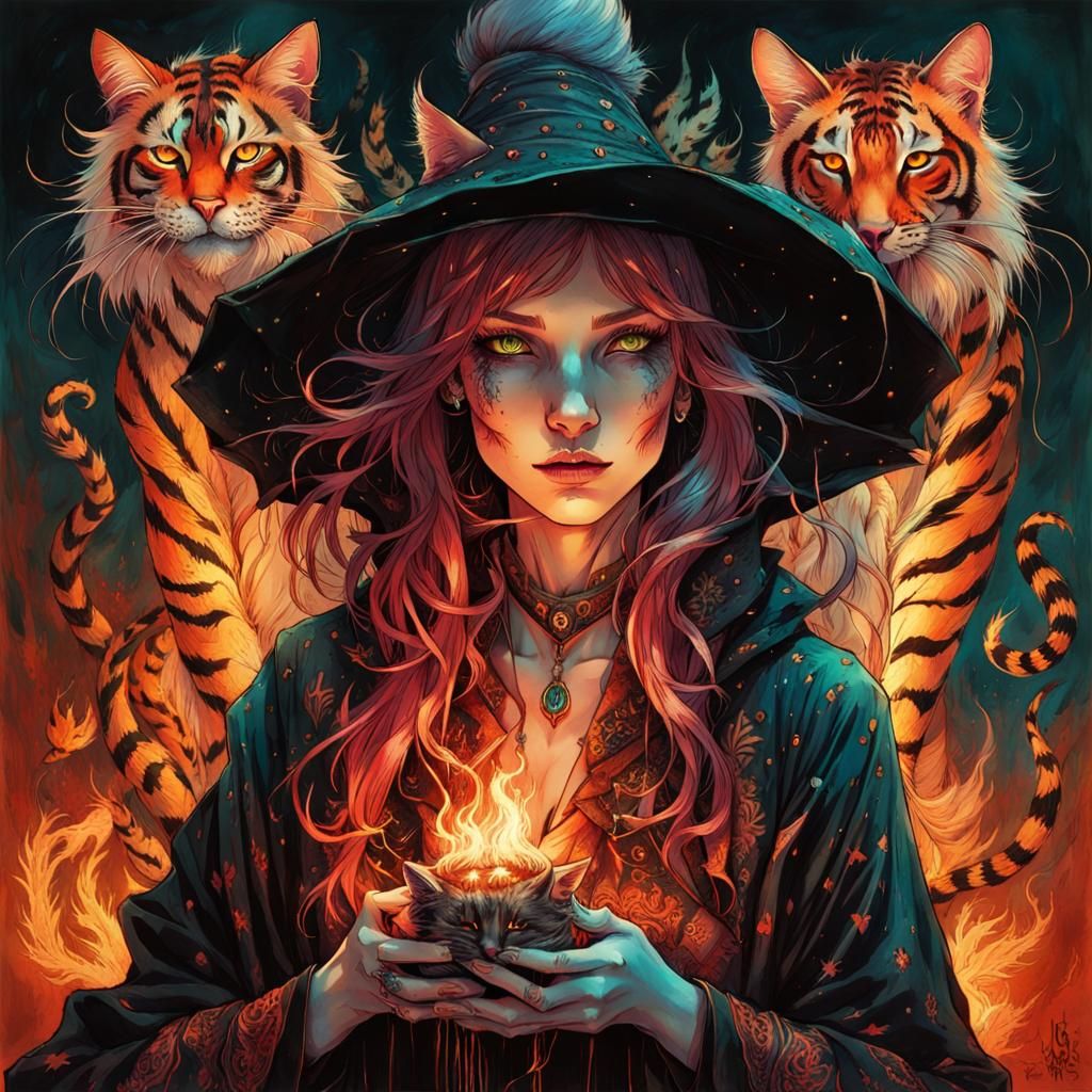 Mischievous Witch and Tiger Cat in Lovecraftian Setting