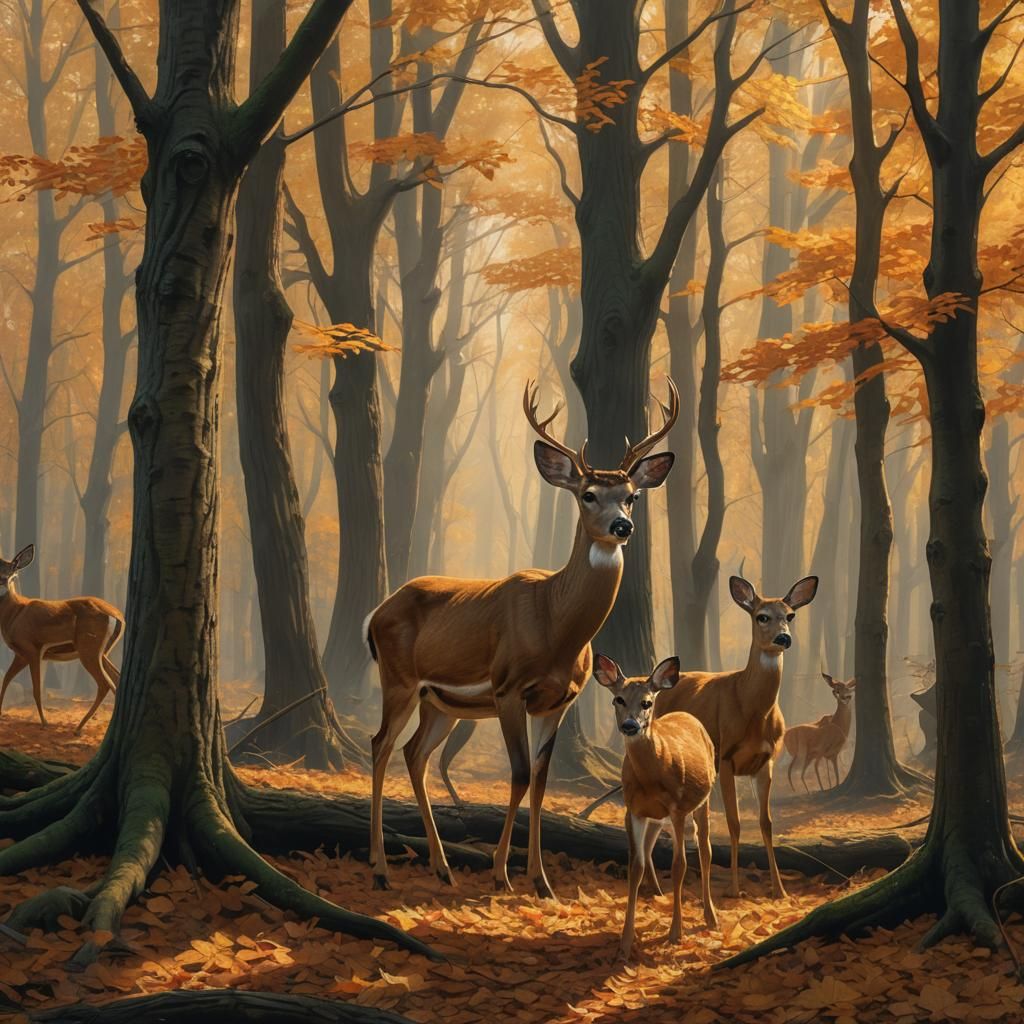 Deer Family in Autumn Forest, Matte Painting