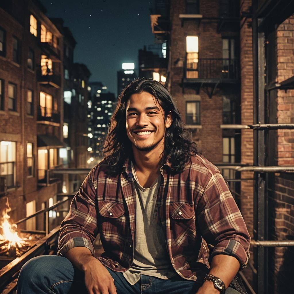 Native American Man on Fire Escape at Night