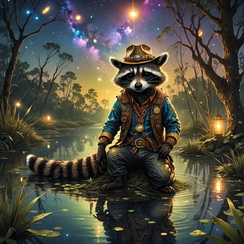 Raccoon Cowboy Embarks on Cosmic Bayou Adventure