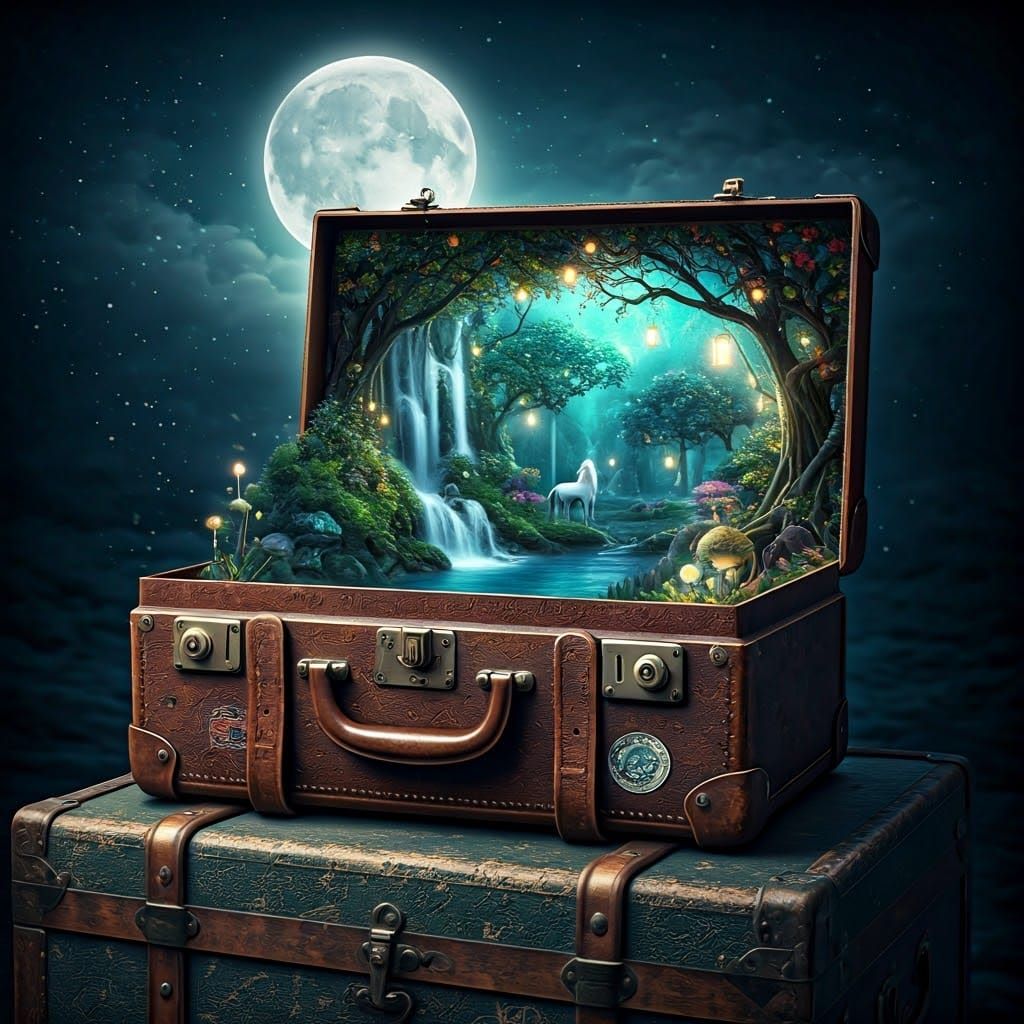 Fantasy World Inside Suitcase in Digital Art Style