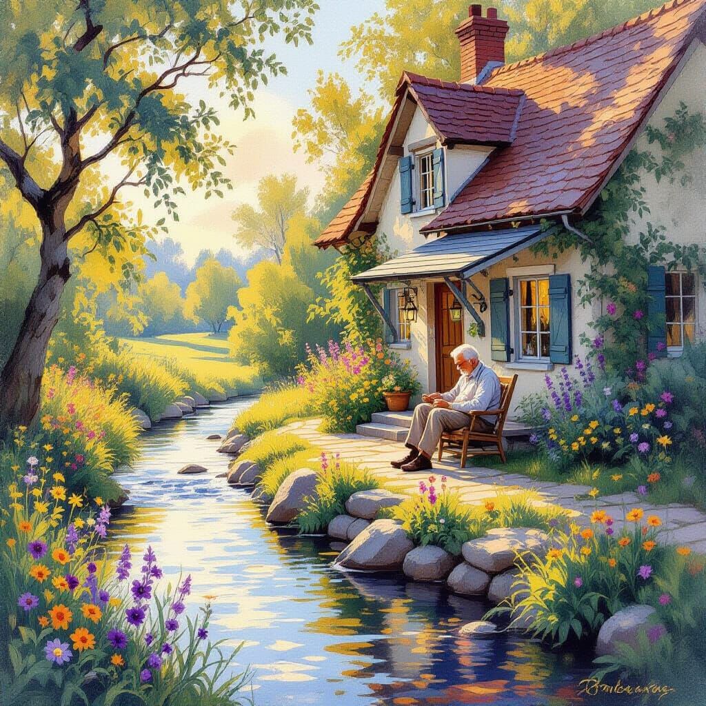 Cozy Cottage by Stream in Golden Hour Watercolor Style