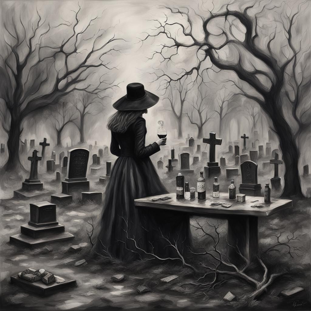 Goth Model in Rainy Graveyard Coffee Shop, Charcoal Art