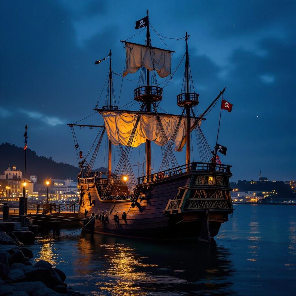 Pirate Ship in Port at Night