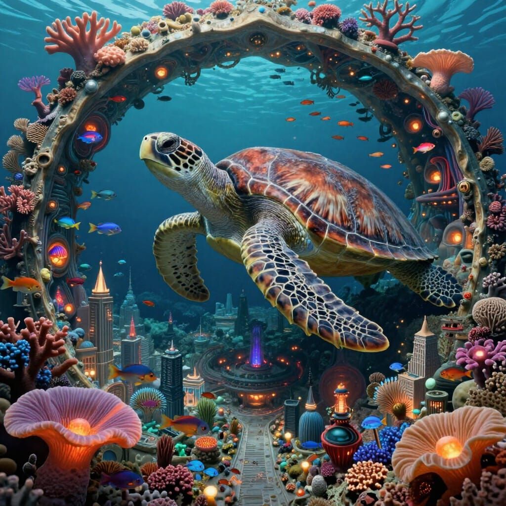 Underwater City on Giant Turtle Shell