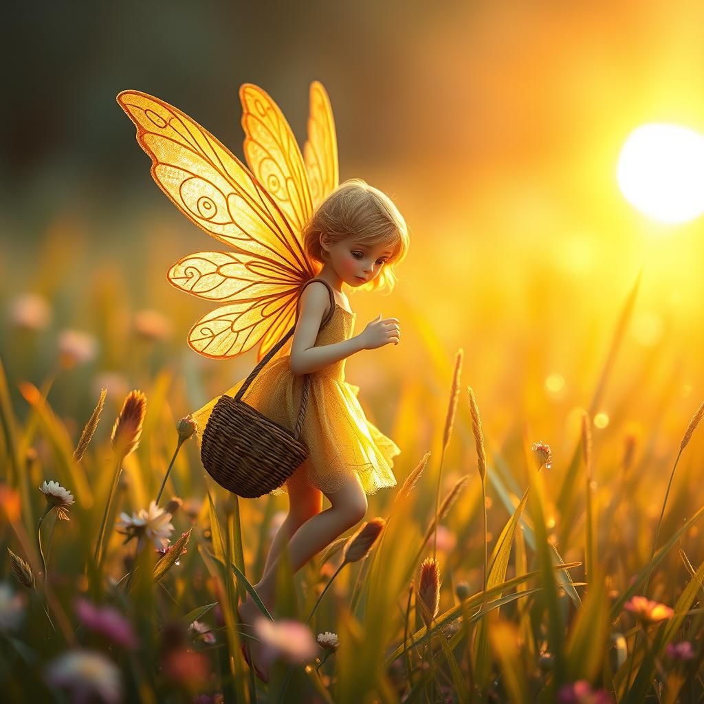 A delicate fairy with shimmering golden translucent gossamer wings is using a small woven basket to collect dew from gra...