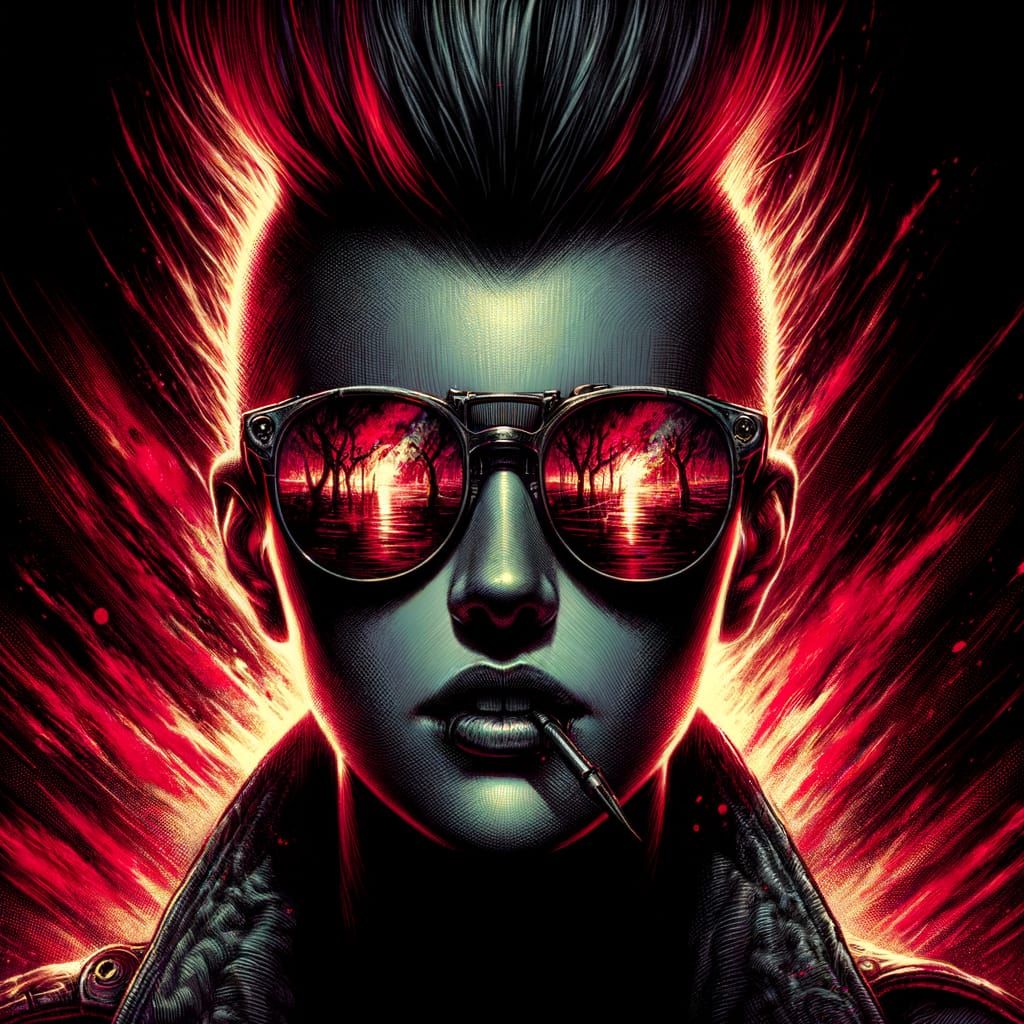 Apocalyptic Reflection: Woman with Mohawk in Dark Ink Style