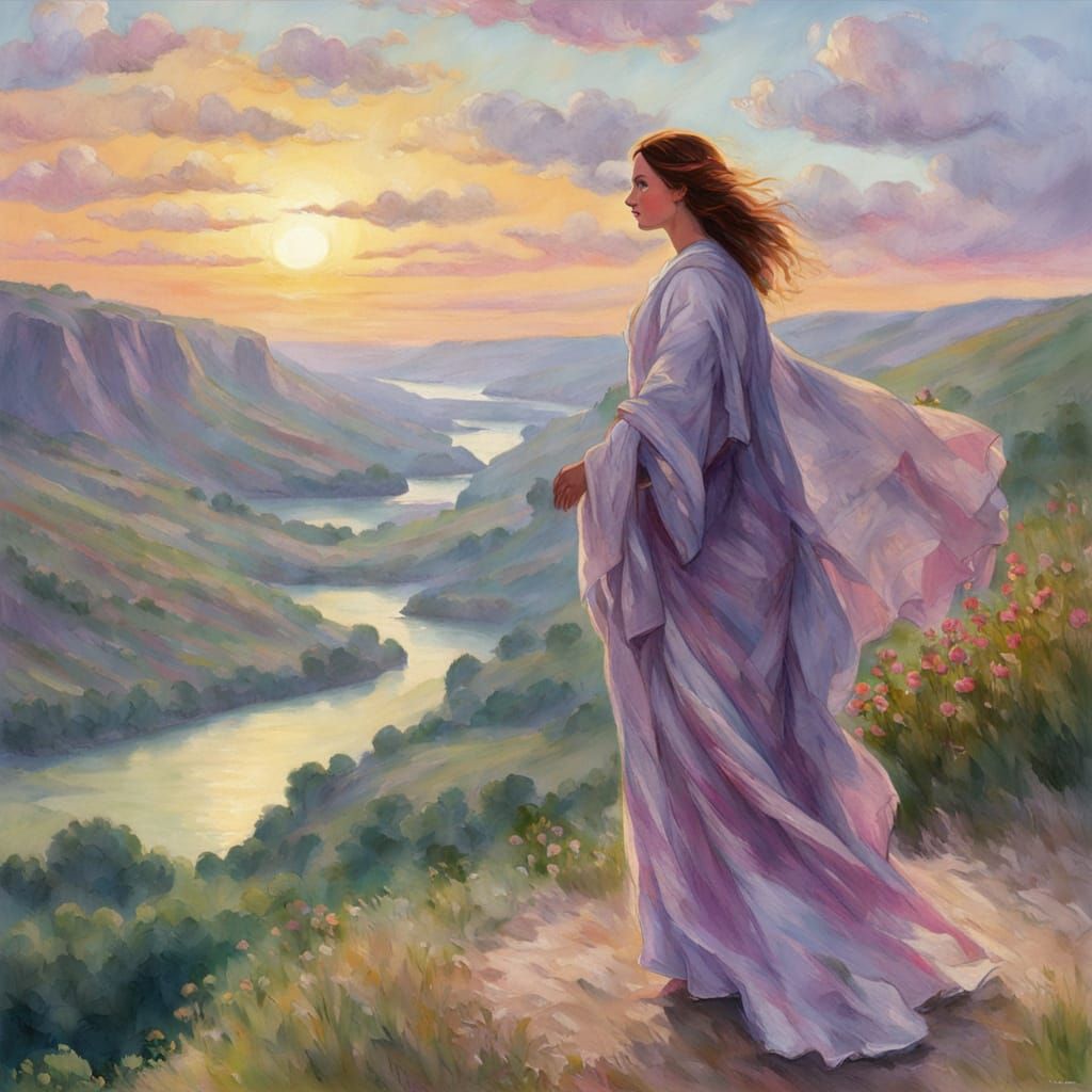 Young Woman in Elegant Robe Standing at Cliff's Edge, Overlo...