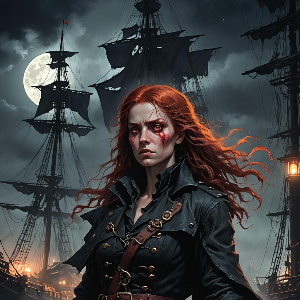 Red-Haired Pirate in Shadow, Dark Fantasy Illustration