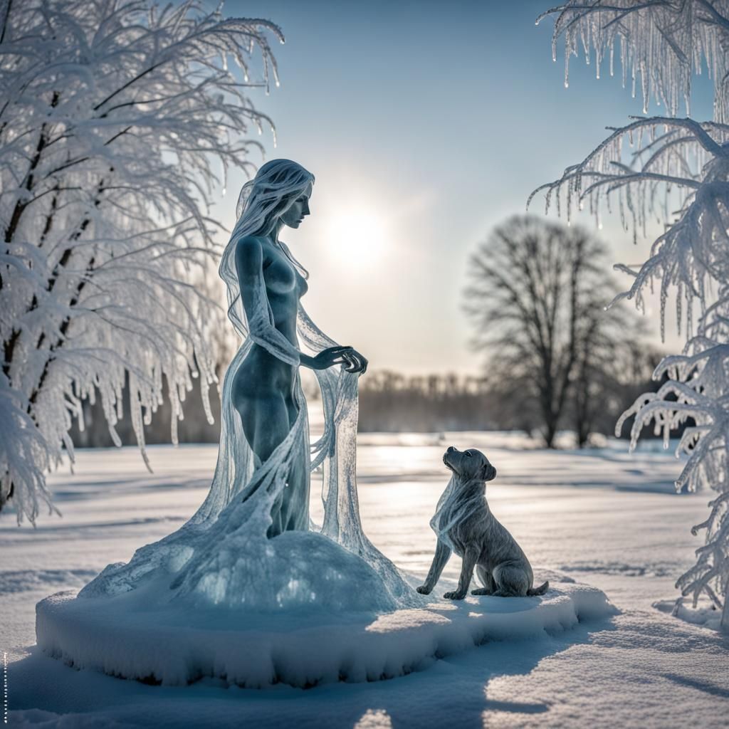 buzdan kadın ve köpek heykeli