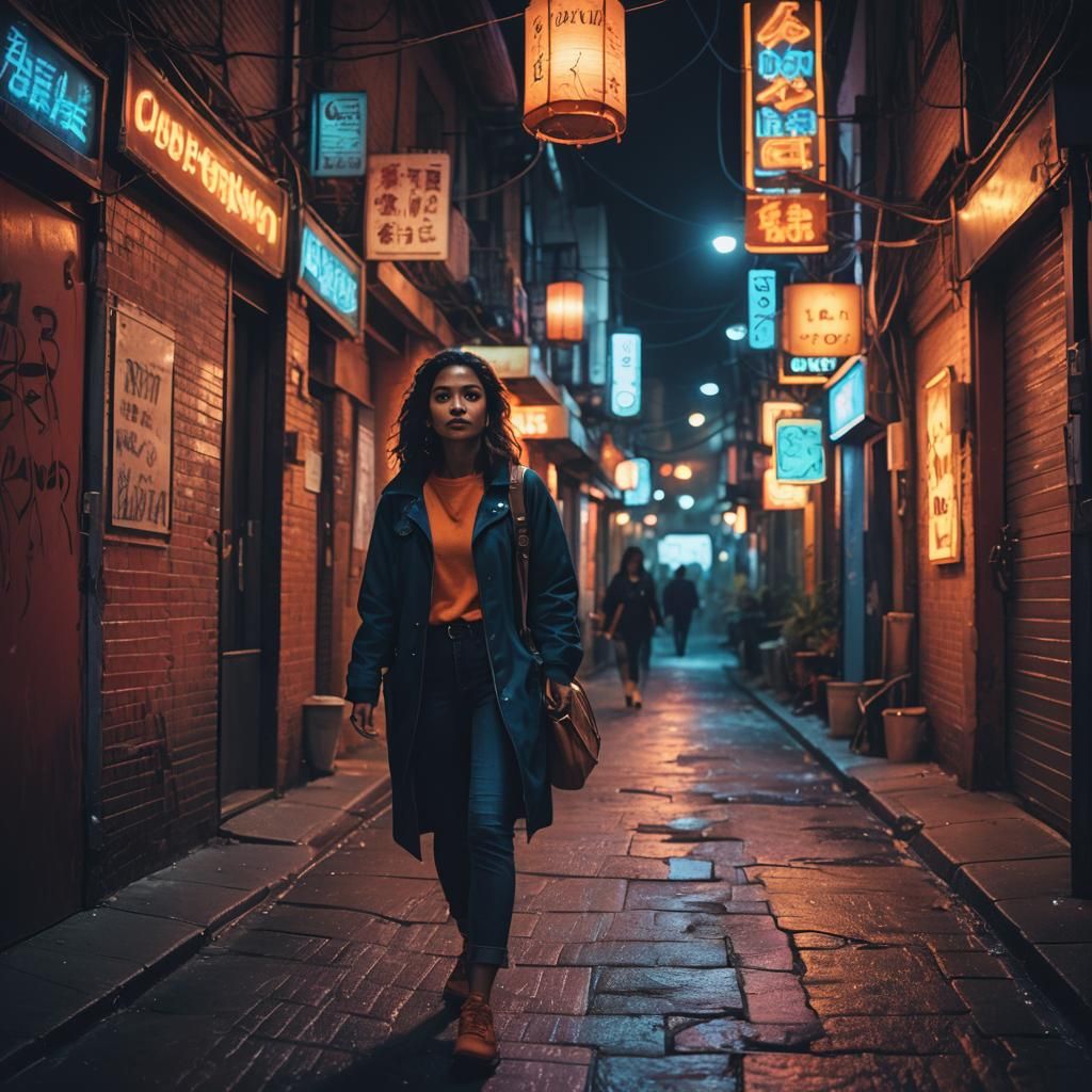 Latina in Neon Alley: Cinematic Film Still