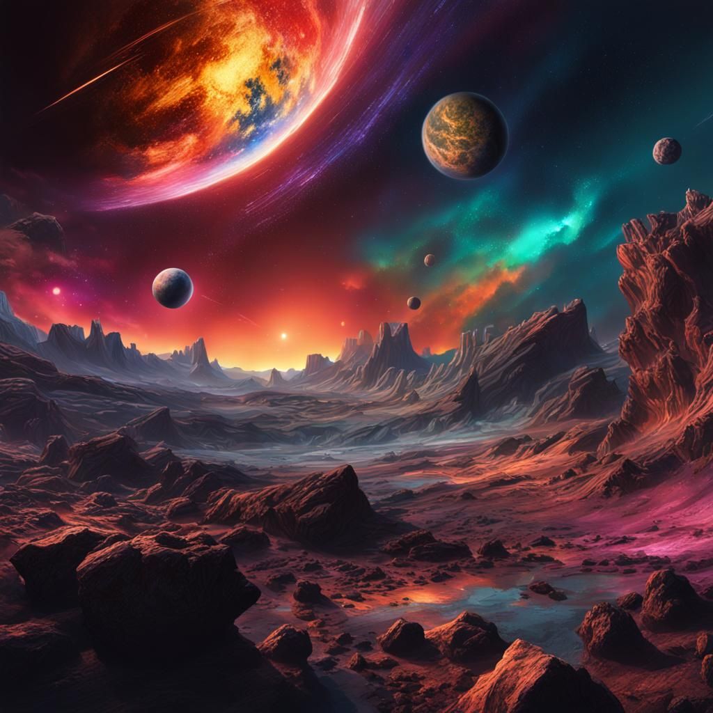 Hyperrealistic Rocky Planet with Colorful Starry Sky