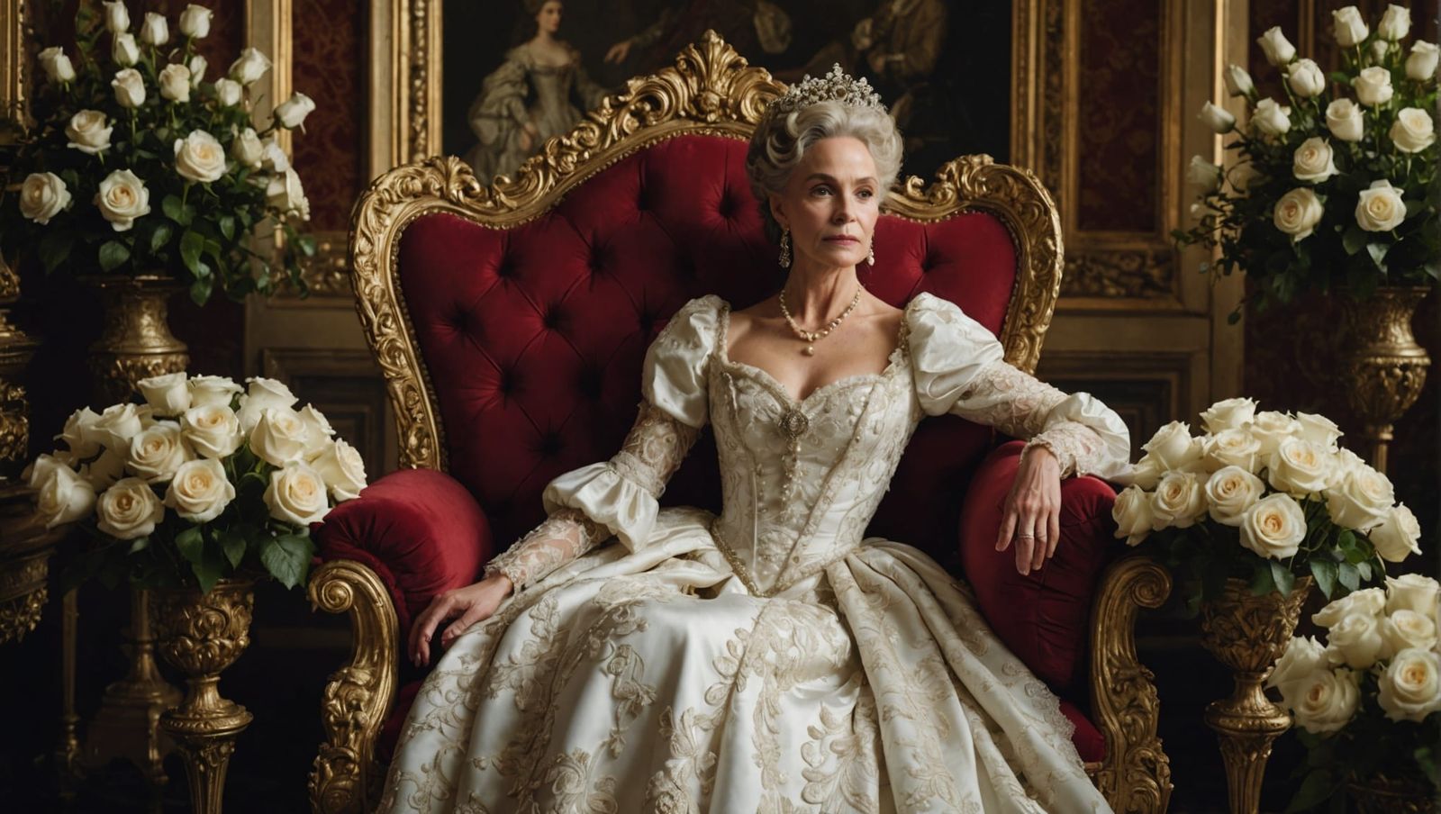 Rococo Queen in Silk Gown with Baroque Flowers