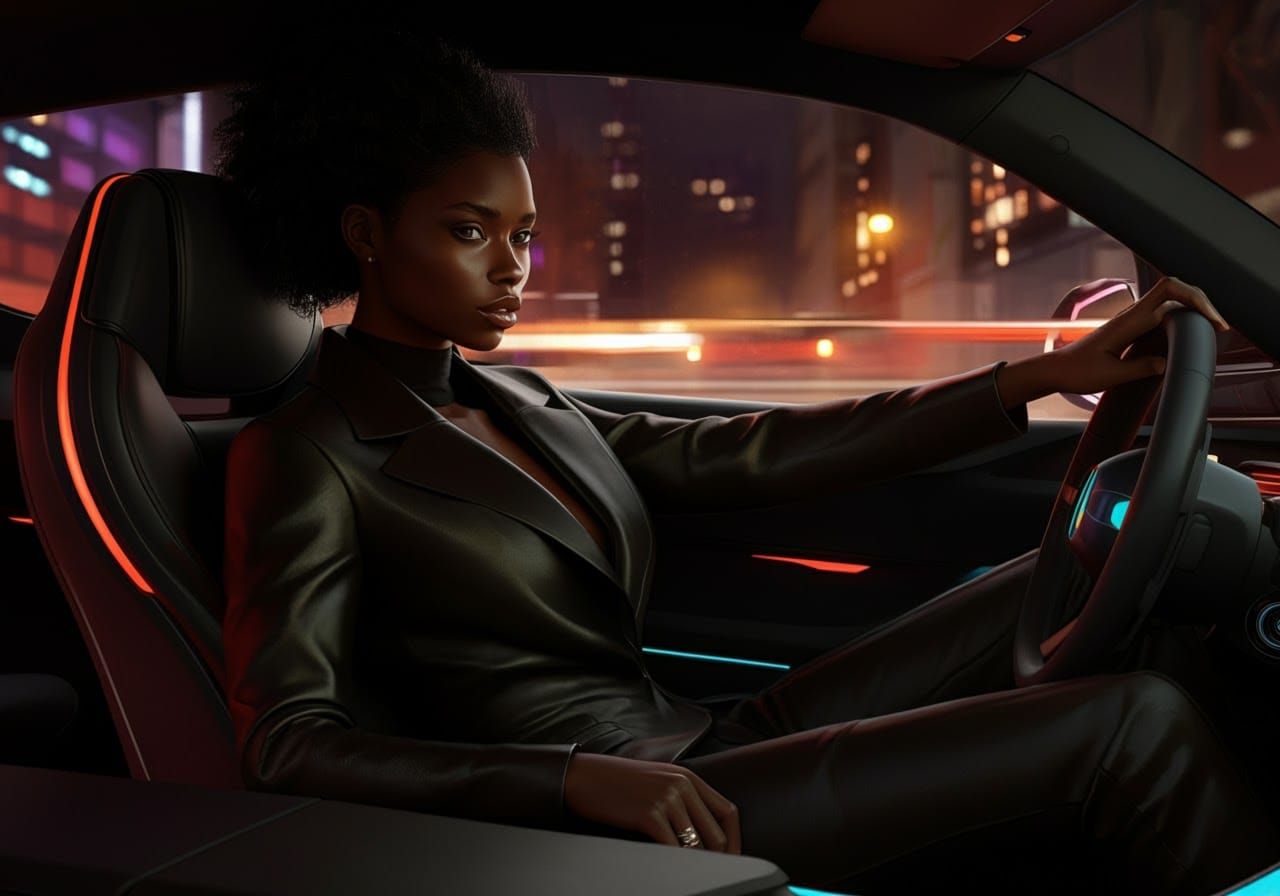 Stylish Woman in Futuristic Car at Night