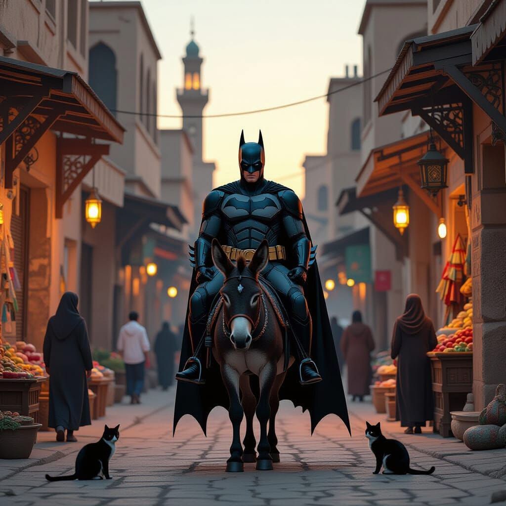 Batman Rides a Donkey Through Old Cairo at Sunset